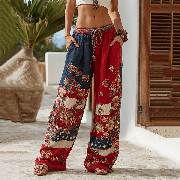 Utbros Independence Day Floral Embroidery Patchwork Loose Linen Blend Pants