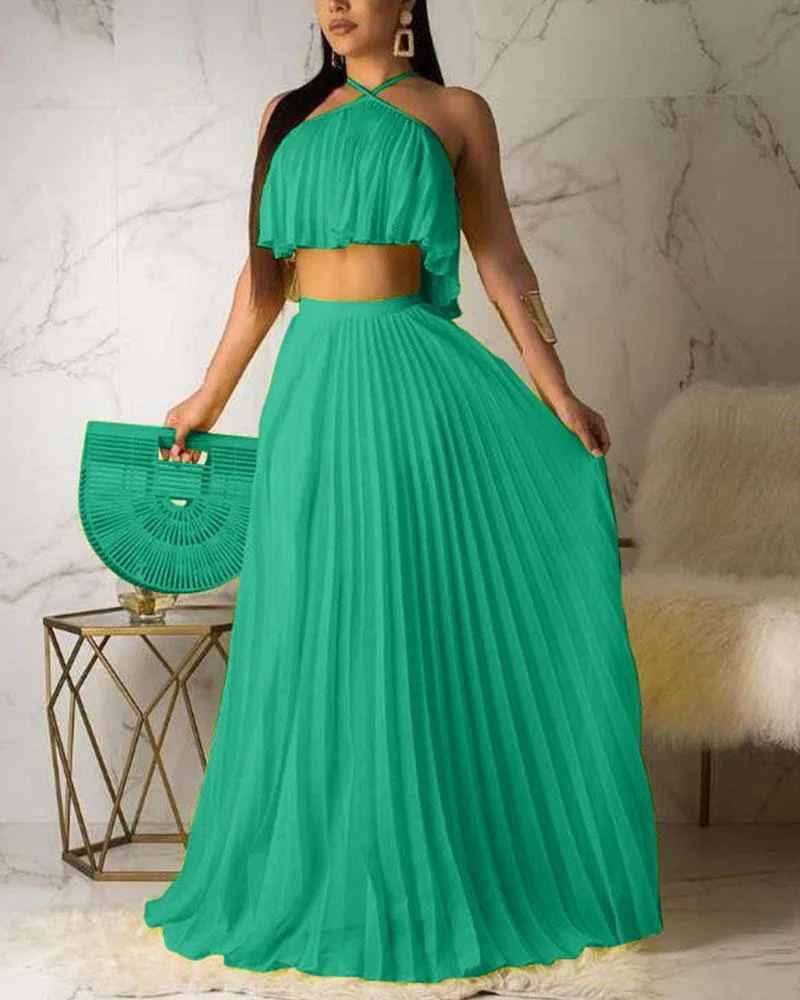 Sexy Halter Top Pleated Skirt Suit