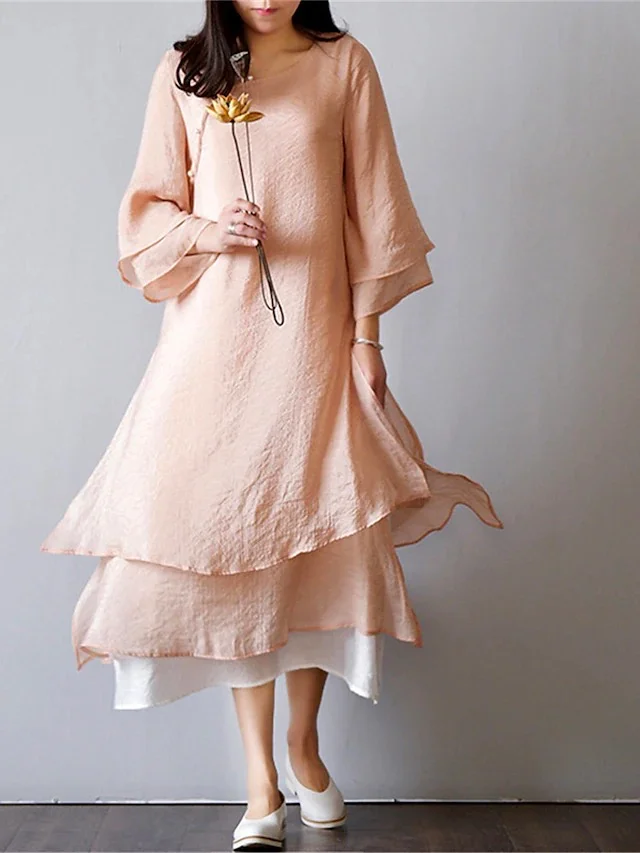 Women's Cotton Linen Dress Casual Dress Midi Dress Cotton Blend Basic Casual Outdoor Daily Vacation Crew Neck Button Layered Long Sleeve Summer Spring Fall 2024 Loose Fit Light Pink White Pure Color socialshop