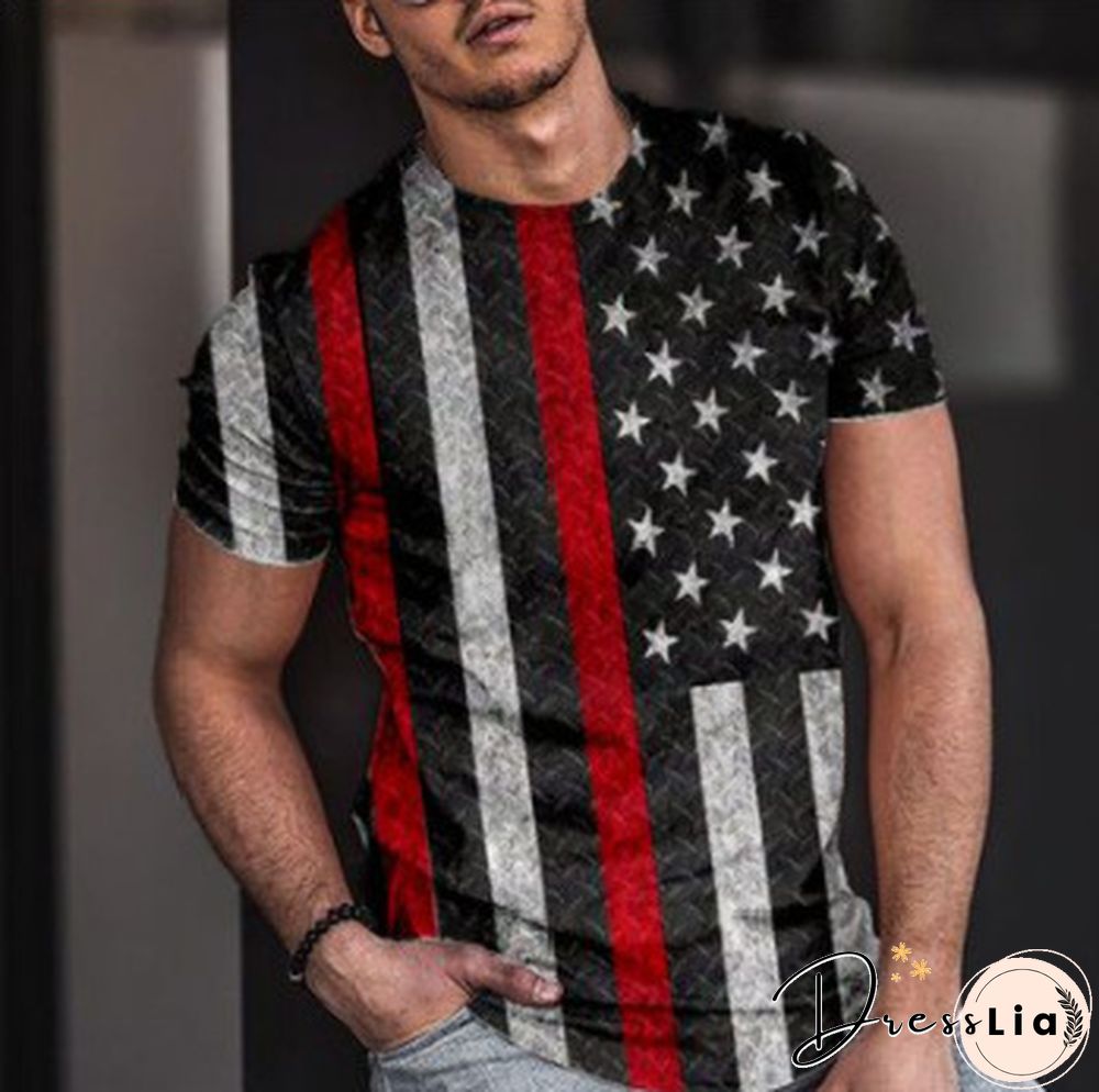 Flag 3D Printed Crew Neck Short Sleeve Street Trend