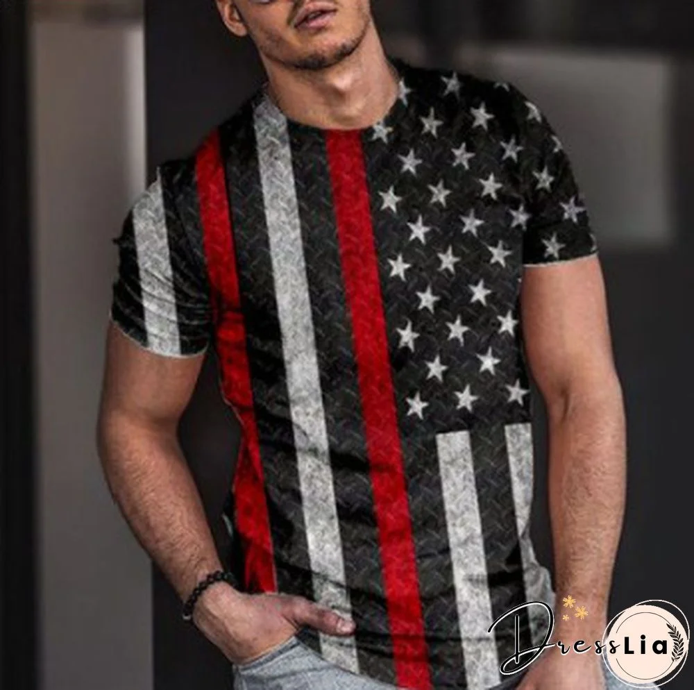 Flag 3D Printed Crew Neck Short Sleeve Street Trend