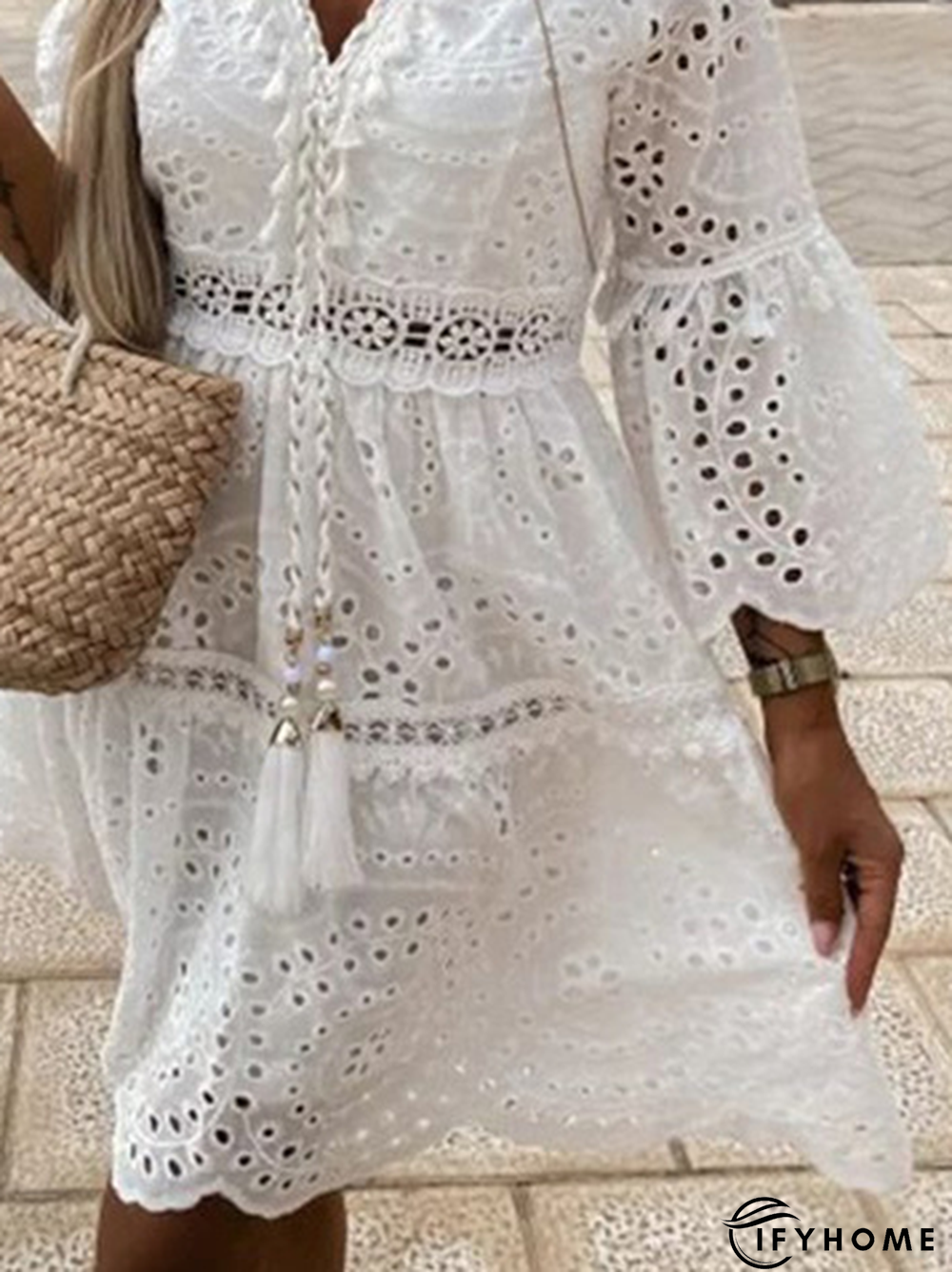 Plain Tassel V Neck Vacation Lace Hollow out Dress | IFYHOME