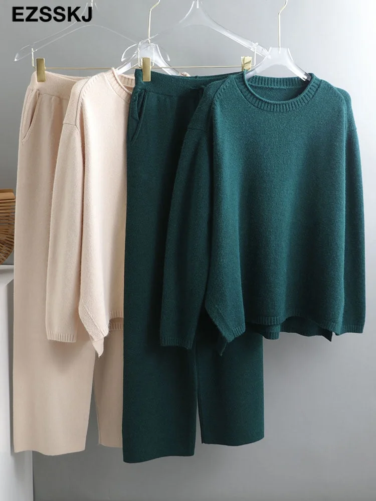 2021 2 Pieces Set Women Knitted Tracksuit O-neck Sweater + Granny pants Sweater Set female Knitted sweater suit Homewear sweater