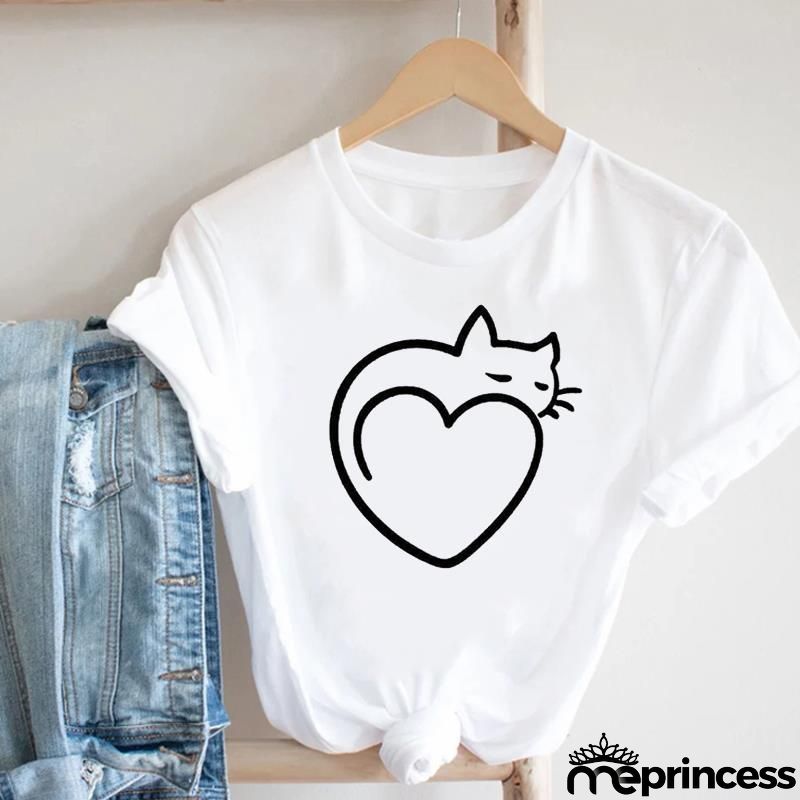Women Loose Simple Cartoon Cat Footprint Print Round Neck Short Sleeve T-Shirt