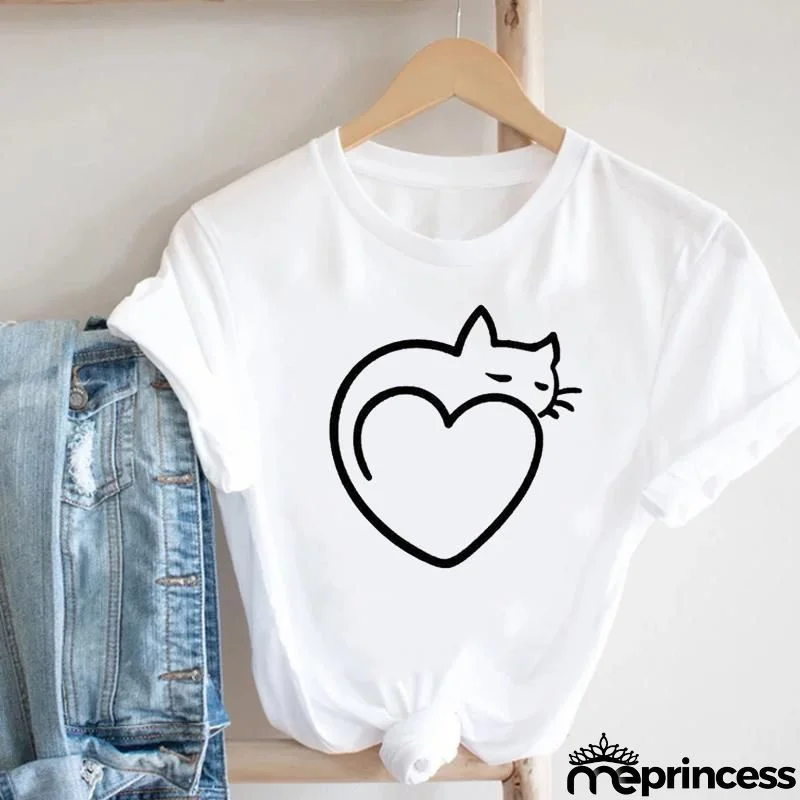 Women Loose Simple Cartoon Cat Footprint Print Round Neck Short Sleeve T-Shirt