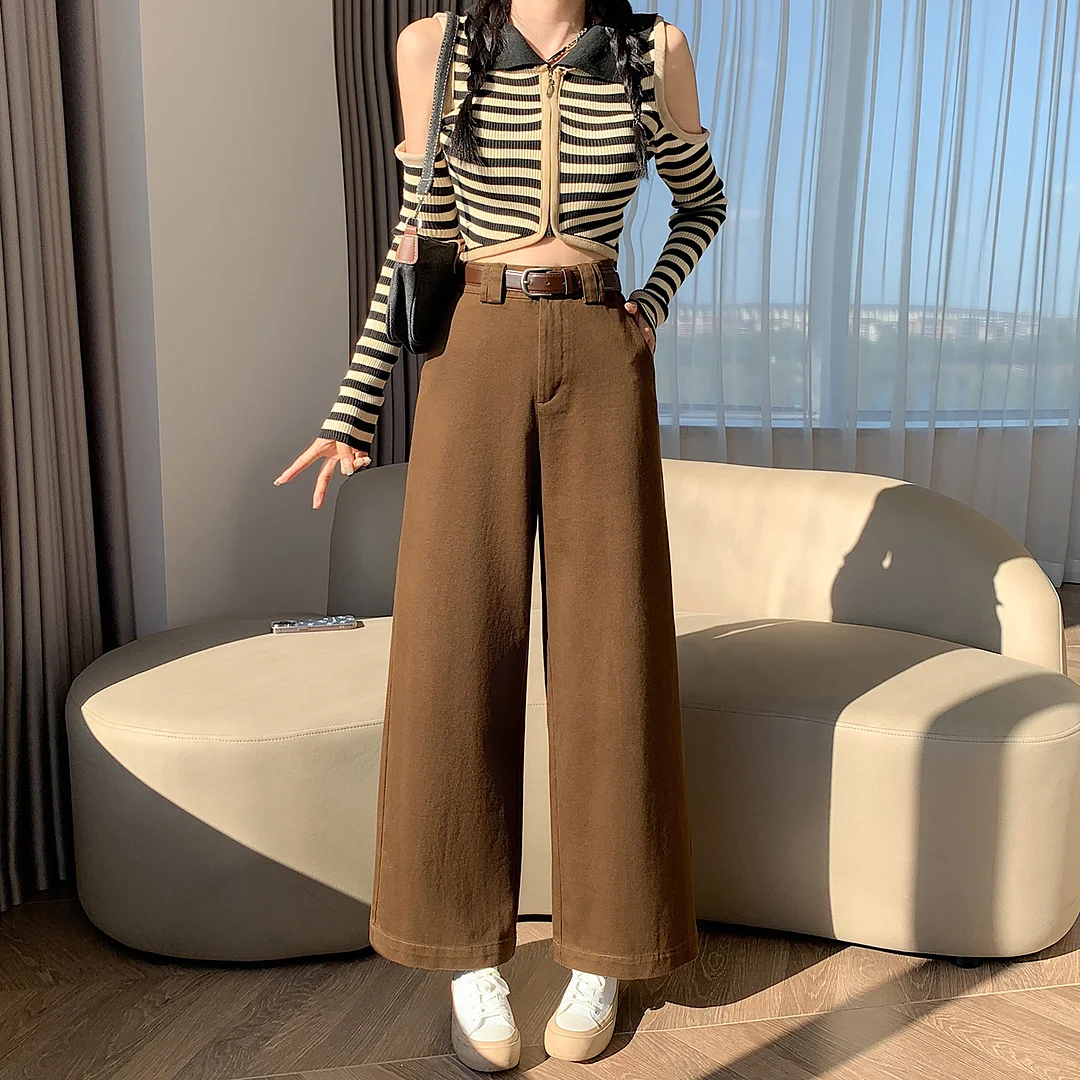 Toloer Coffee Color Cargo Pants Children Autumn And Winter 2025 New High Waist Loose Small Nine Points Straight Tube Narrow Version Wide Leg Pants-Outfit Ideas