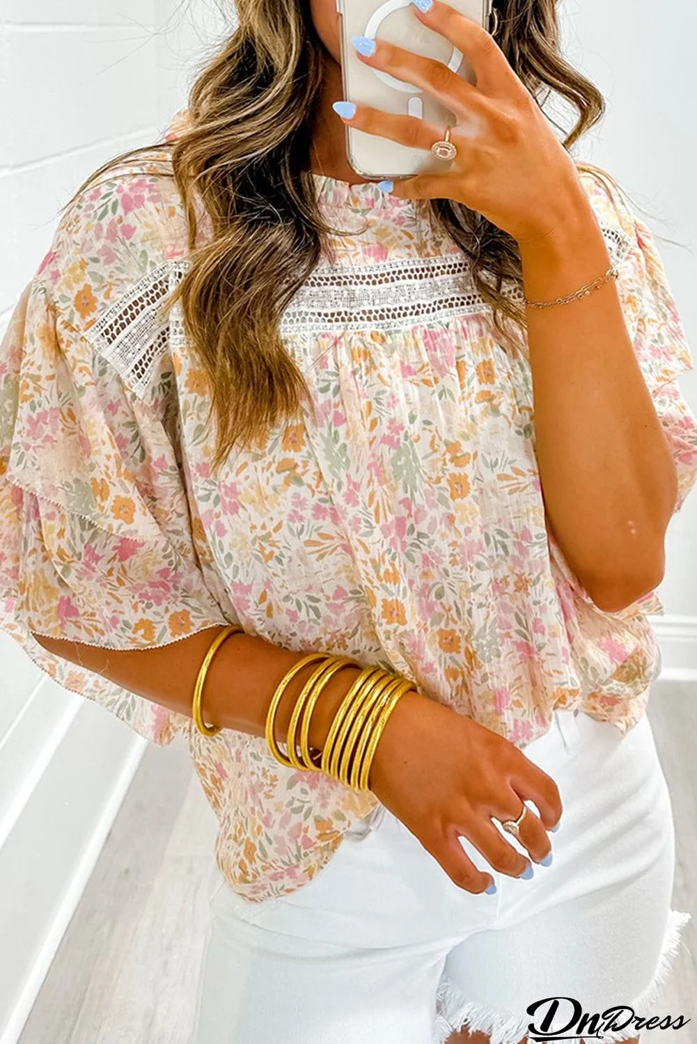 Floral Print Wide Ruffle Sleeves Blouse