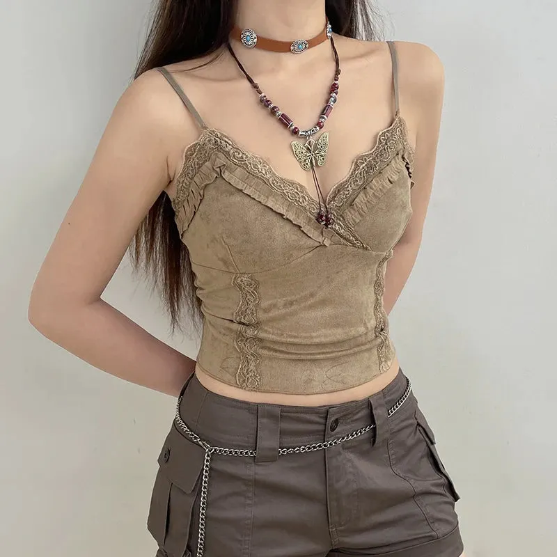 Brownm Grunge Frilled Lace Top