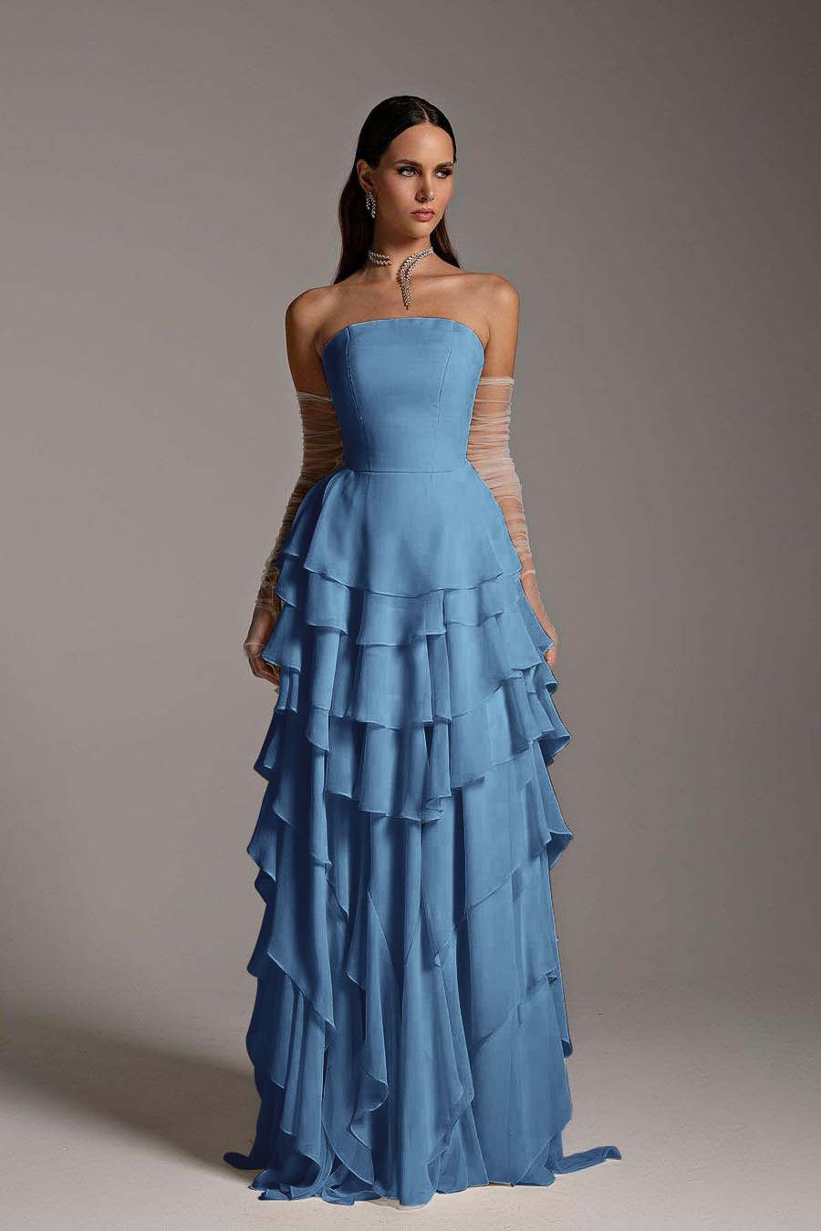 Hidais Charming Strapless Sleeveless Ruffles Long Prom Dress With Gloves