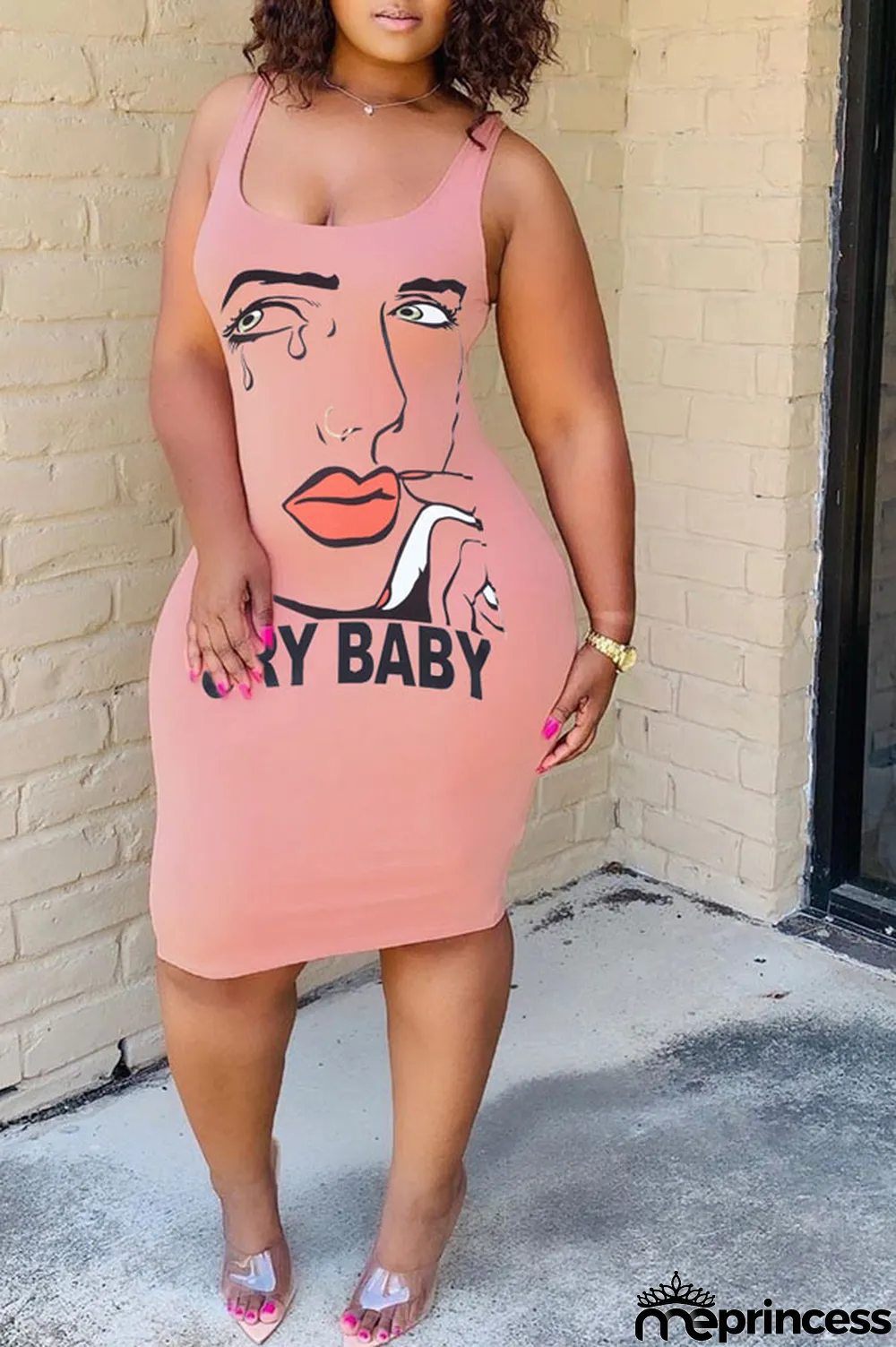 Pink Polyester Sexy White Green Pink Yellow Spaghetti Strap Sleeveless Slip Sheath Knee-Length Print Dresses