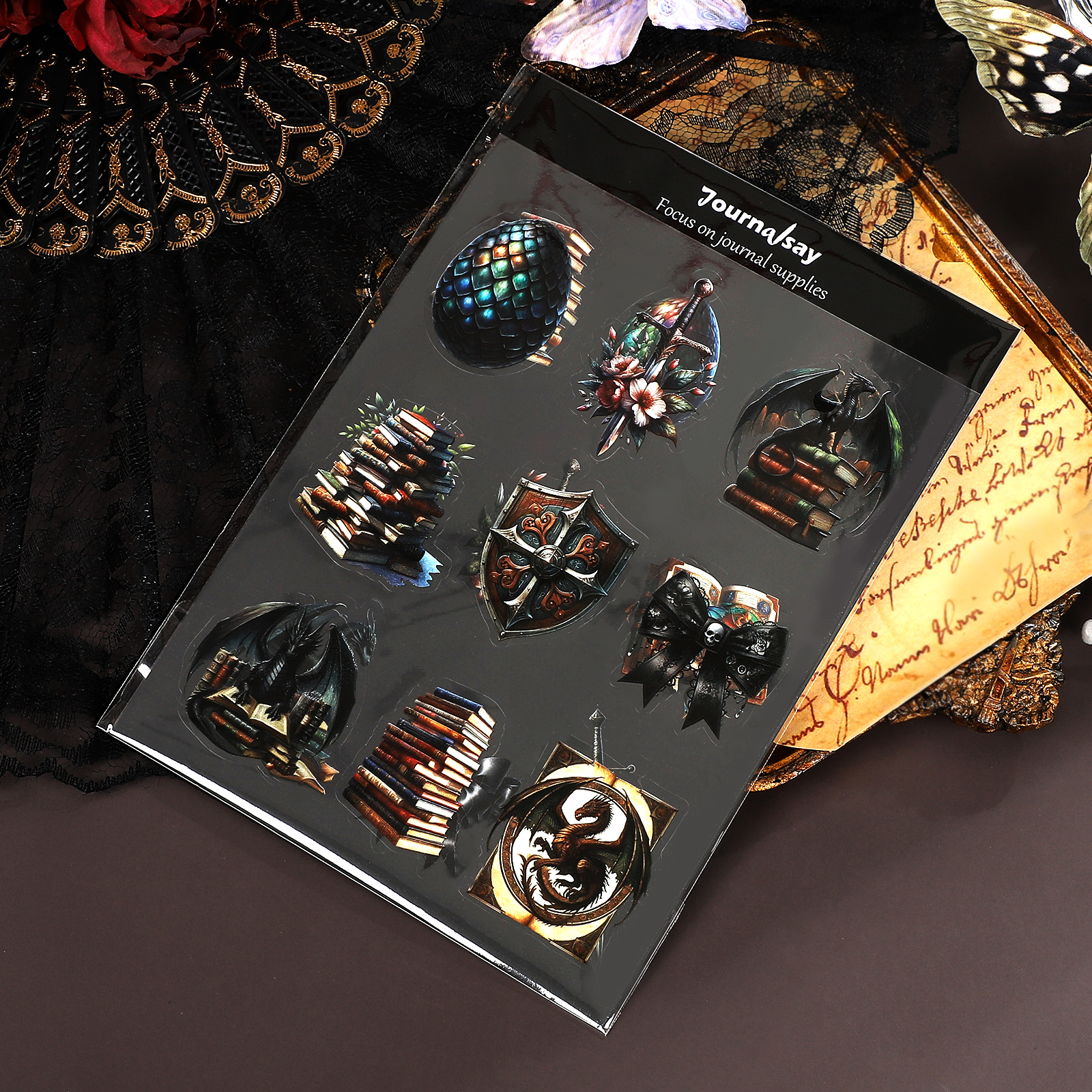 PET Sticker - 2 Sheets Vintage Dark Dragon Egg Book Landscape 