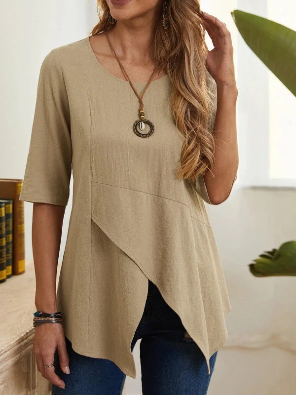 Women's Half Sleeve Scoop Neck Solid Stitching Top
