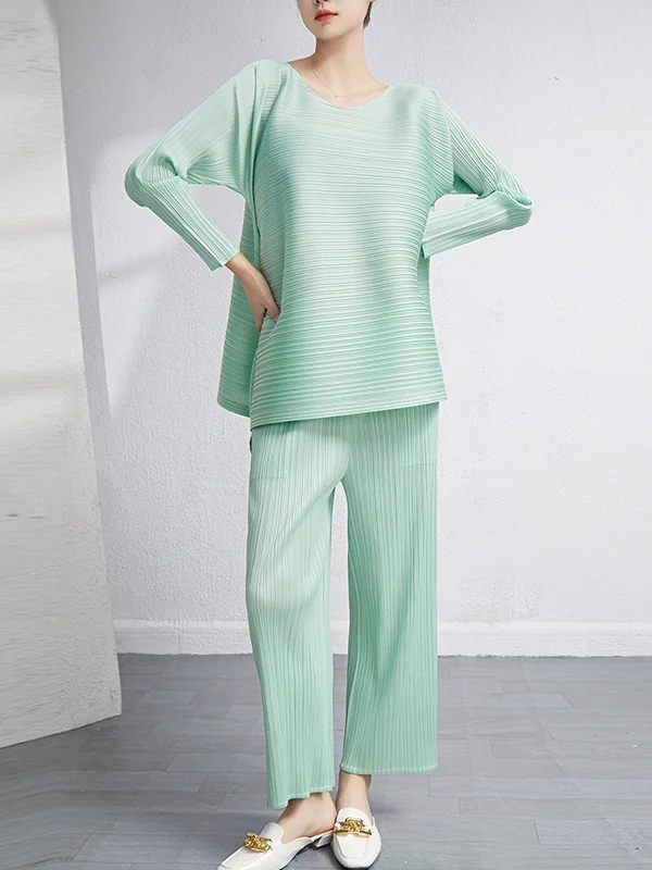 Loose Pleated Solid Color High-Low Round-Neck T-Shirts  + Pants Two Pieces Set