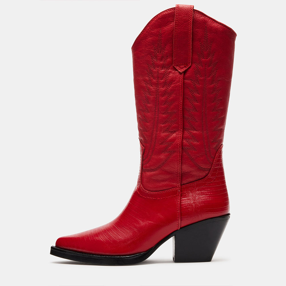 Embroidery Pointed Toe Croco Embossed Mid-Calf Cowgirl Boots in Red