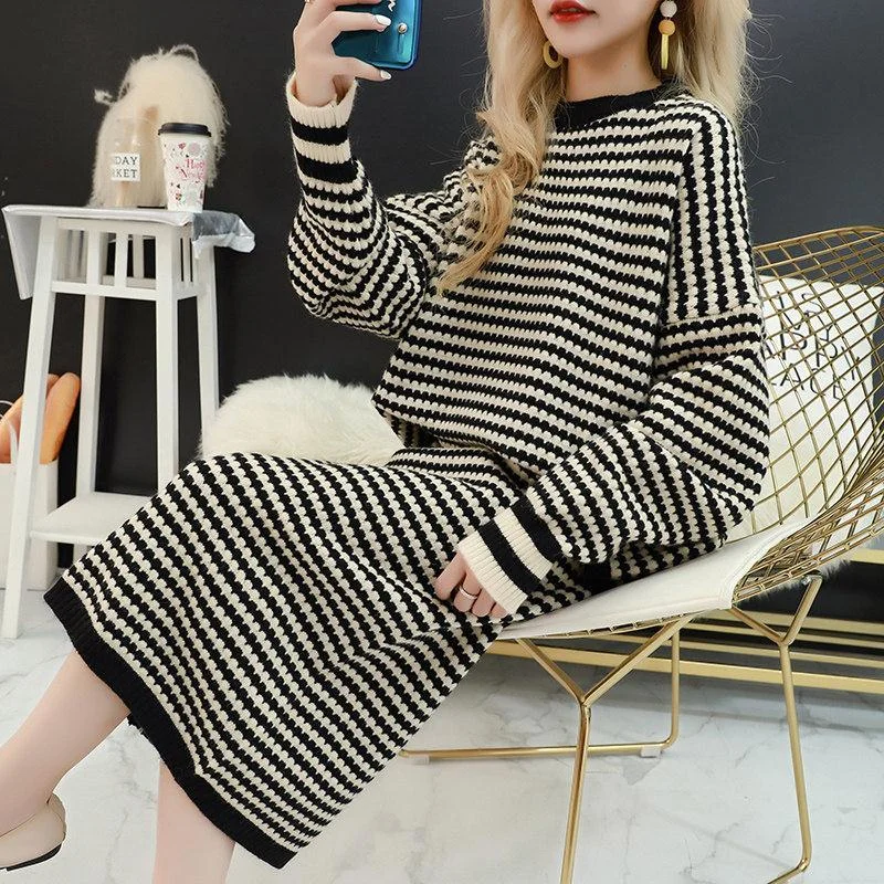 Hirsionsan Elegant Knitted Suits Women Soft Sexy Female Sets 2 Pieces Slim Fit Skirt Loose Houndstooth Sweater Ourfits Pullovers