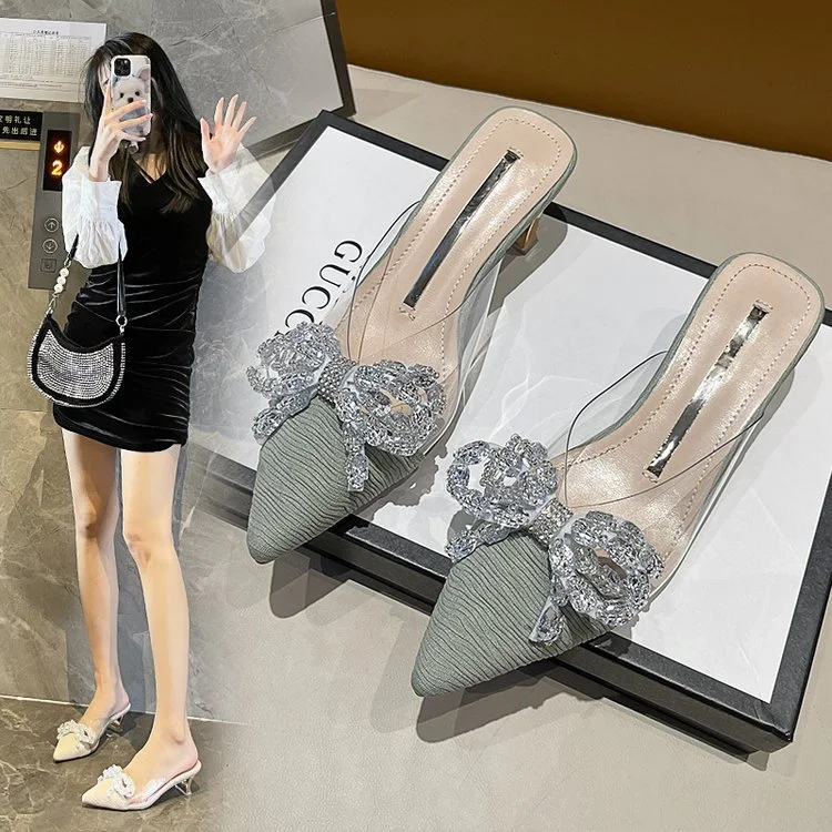 Wongn Wongn Summer New Korean Version Of The Bow Water Diamond Tip Head Half Drag High Heel Slippers Thin Heel Women's Shoes