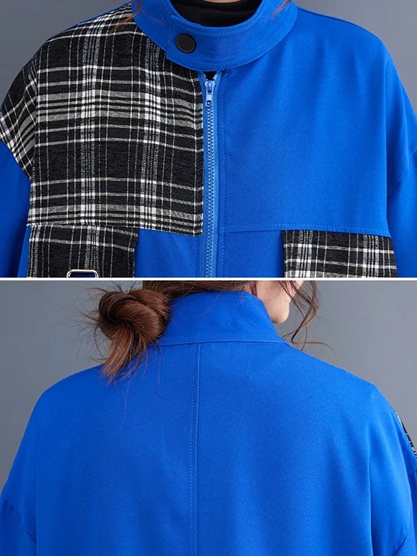Original Long Sleeves Contrast Plaid Zipper Stand Collar Outerwear