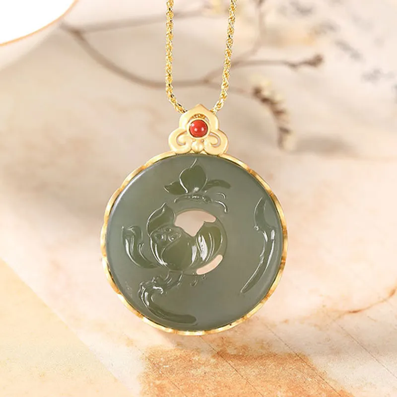 Cyan Jade Lotus 925 Sterling Silver Round Butterfly Luck Necklace Pendant