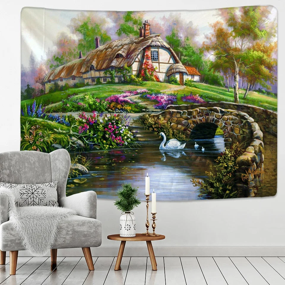 Fairy Tale Cottage Forest Tapestry Wall Hanging Bohemia Art Print Tapestry Room Home Decoration Hippie Pattern