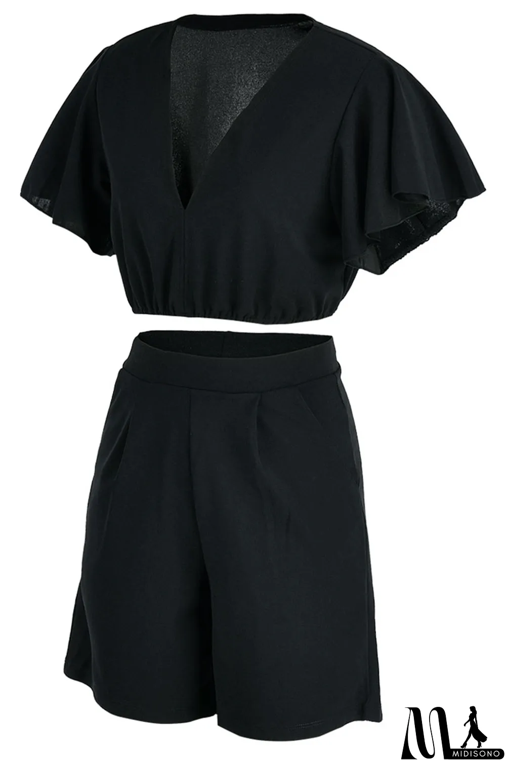 MidiSono - Yellow Casual Solid Patchwork Flounce V Neck Short Sleeve Two Pieces