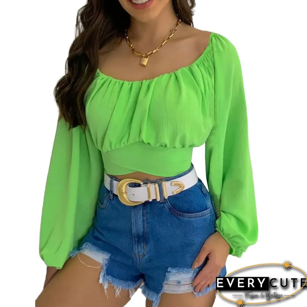 Light Green Off Shoulder Puff Sleeve Crop Tops