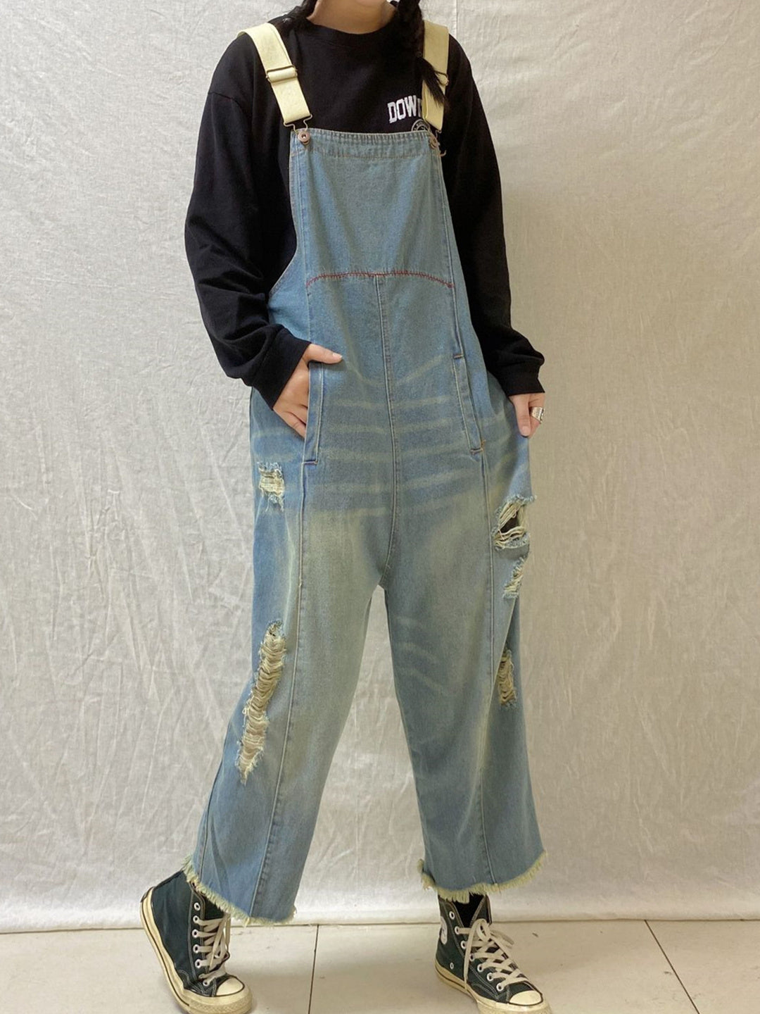 Women's Hole Casual Retro Cropped Workwear Denim Overalls Jumpsuit
