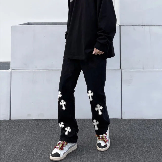 Street cross print street denim trousers