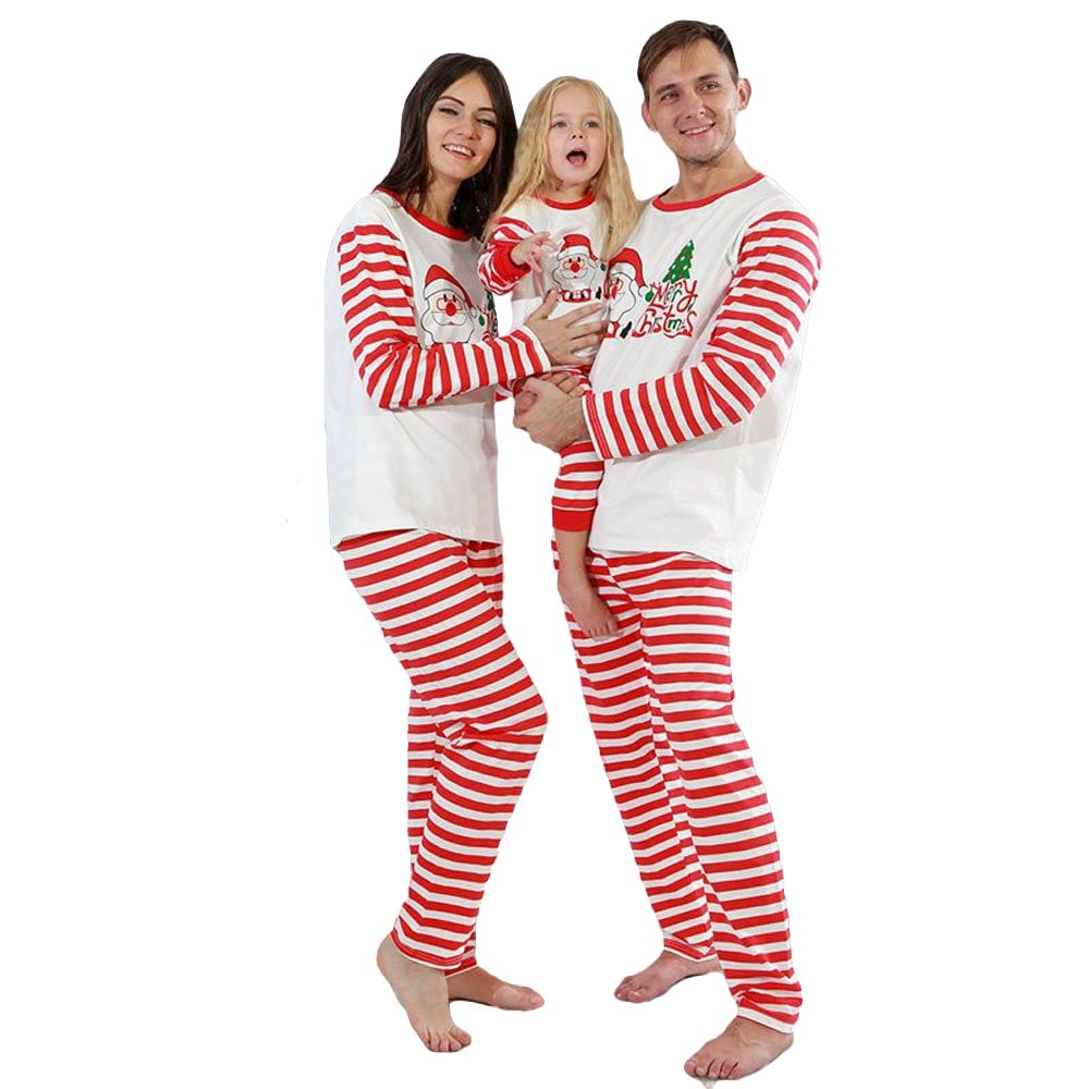 Family Matching Sleepwear Pajamas Christmas Sets White Santa Claus Tree Top and Red Stripes Pants-Pajamasbuy