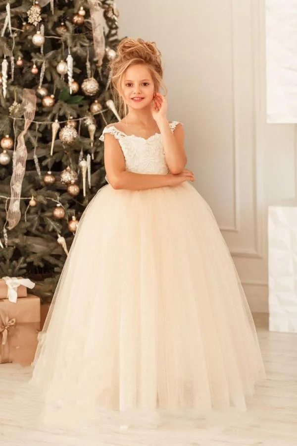 Daisda Cute Jewel  Sleeveless Ball Gown Flower Girl Dress Tulle Lace with  Appliques