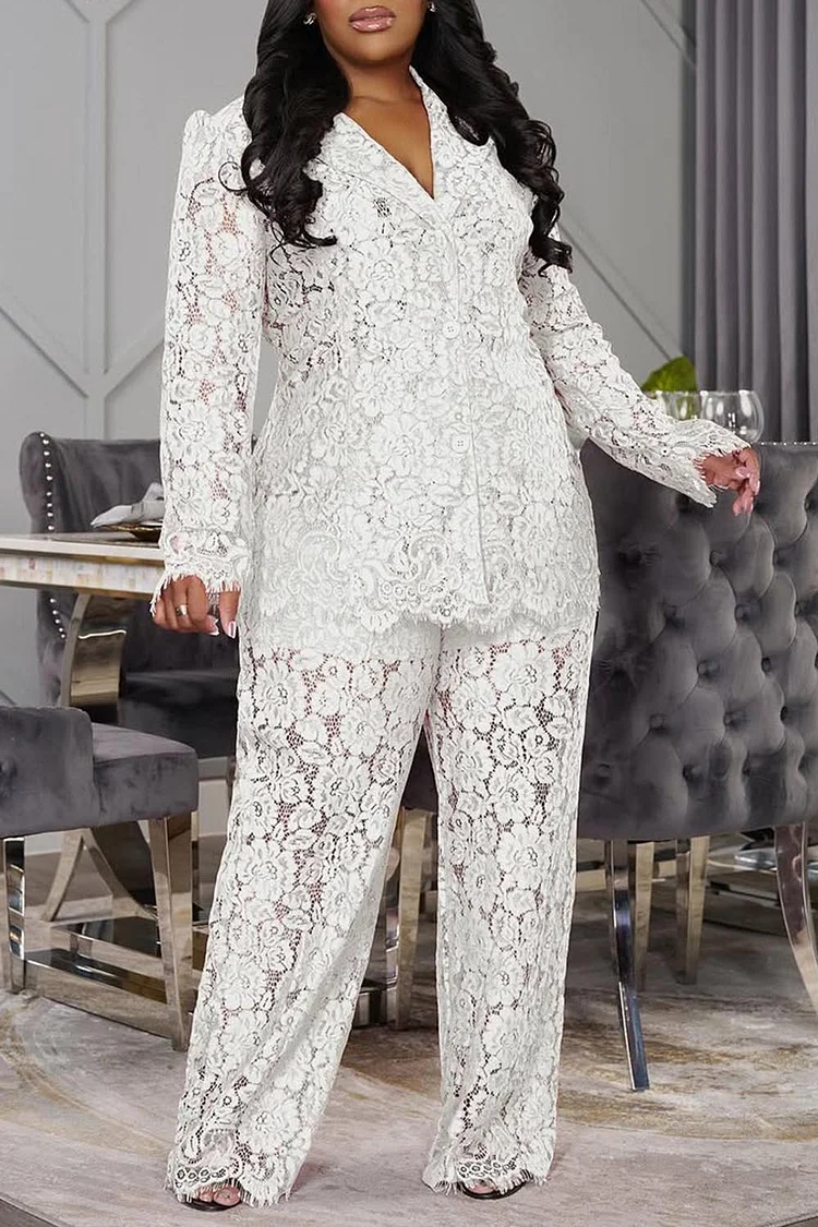 Plus Size Formal White Lapel Collar Long Sleeve See Through Lace Two Piece Pant Suits [Pre-Order] 2024 - Xpluswear