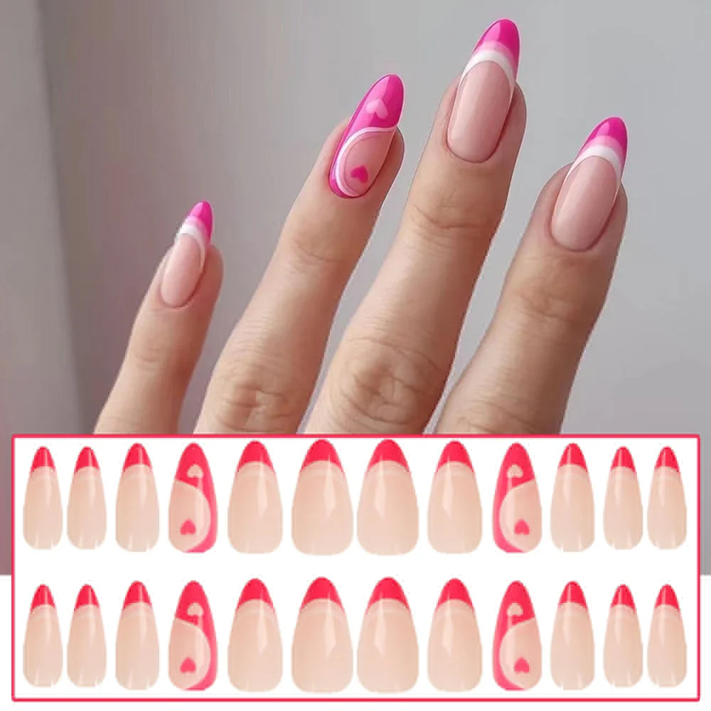 24pcs Point Head False Nails Tips Press On Nail with Heart Print Design Girl DIY Nail Patch Removable French Style Fake Nails-Nail Inspo