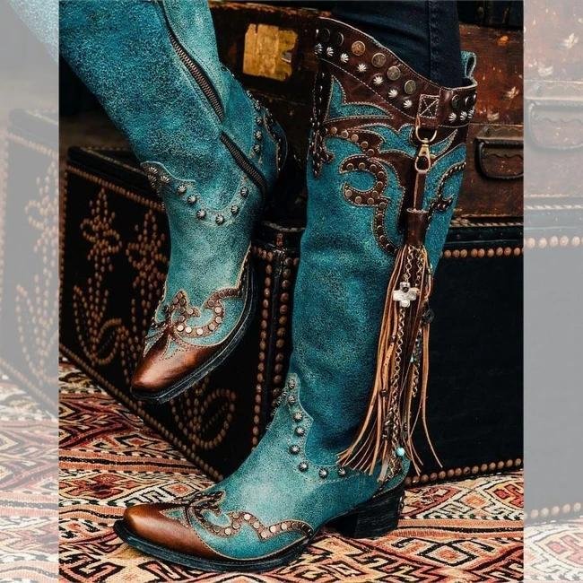 Women Retro Rivet Tassel Pendant High Boots -boots