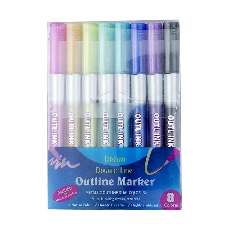 8/12 Colors Metallic Double Lines Art Markers Out line Pen Stationery Art Drawing Pens for Calligraphy Lettering Scrapbooking