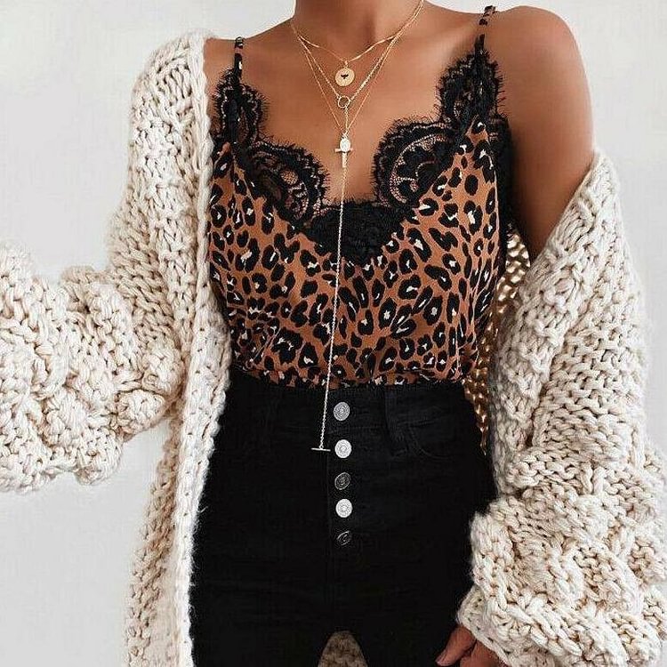 Women Lace Leopard Print Vest Ladies Sleeveless Vest Tank Tops Ladies Loose V-Neck Camisole T-Shirt Ladies Tops Clothing