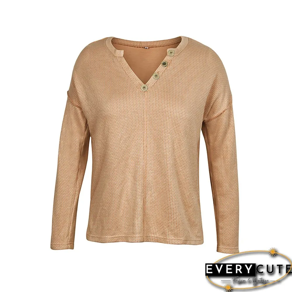 Khaki Button V Neck Drop Shoulder Sweater