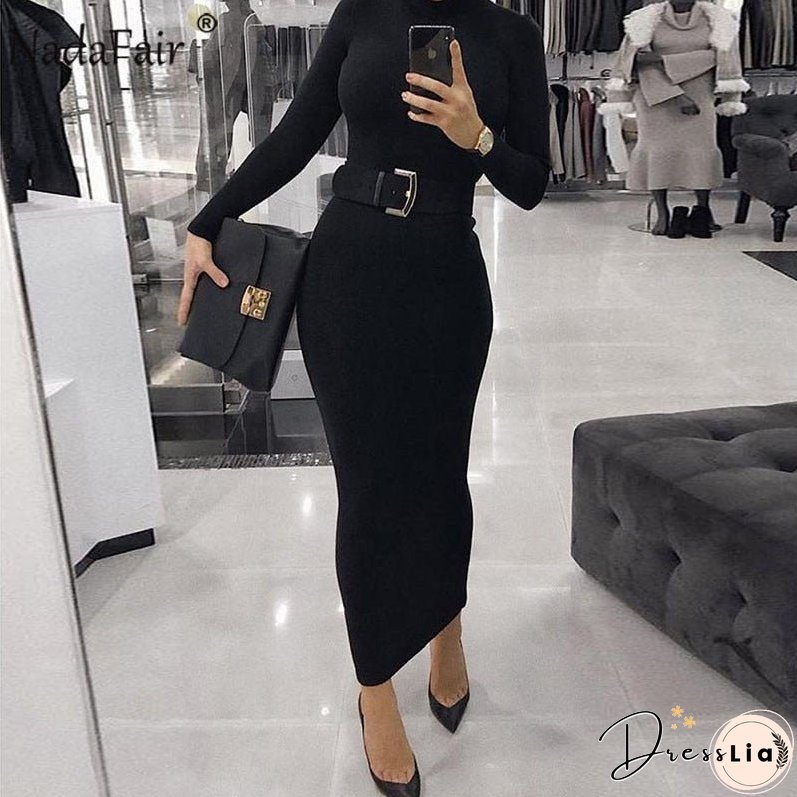 Christmas Gift Nadafair Sexy Women Dress Long Sleeve Turtleneck Autumn Winter Solid Casual Basic Black White Bodycon Slim Maxi Dress For Women