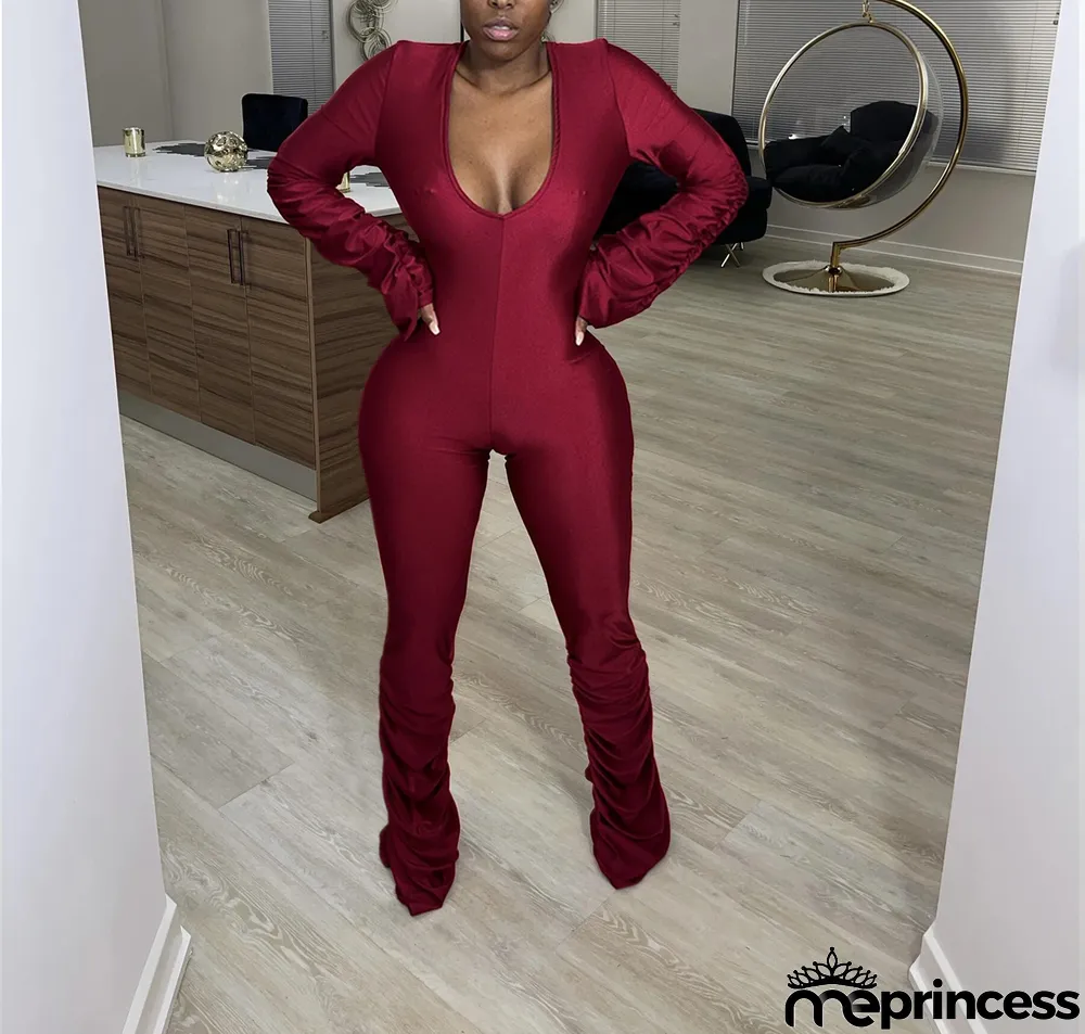 Solid Sexy Long Sleeve Ruched Jumpsuits