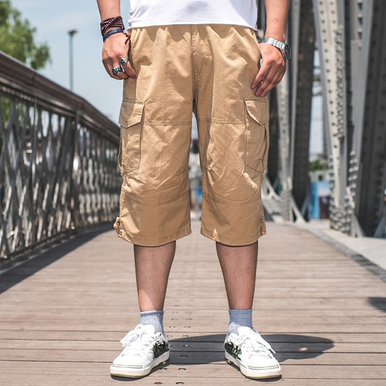 Men's Multi-color Loose Multi-pocket Tooling Cotton 7-point Pants