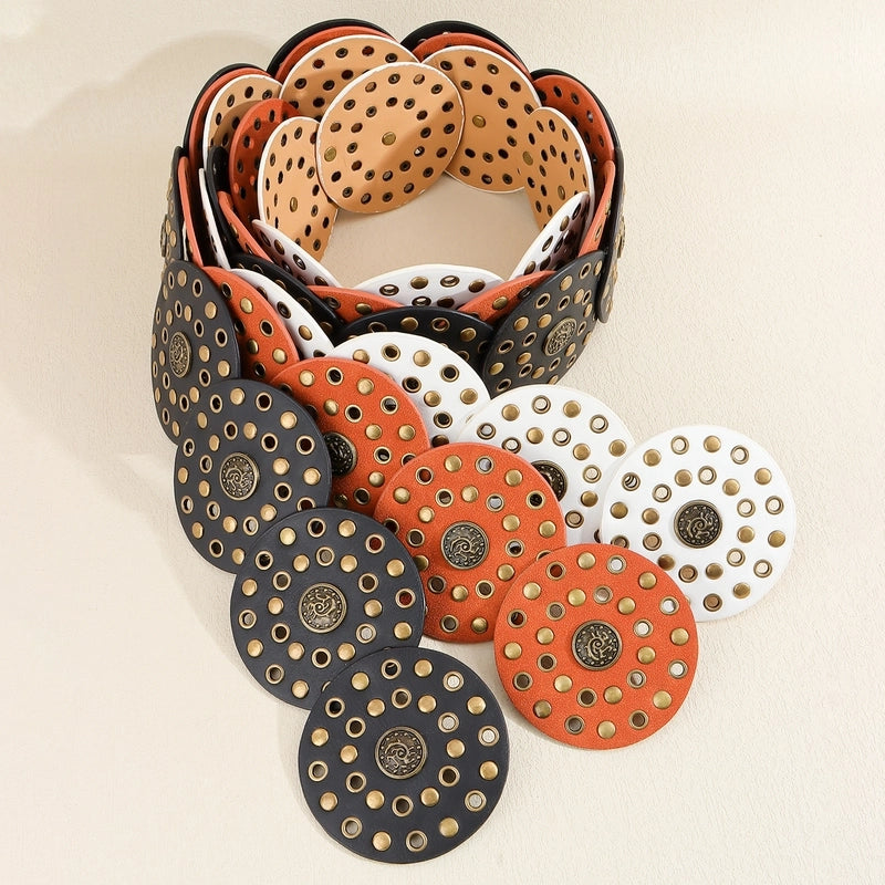 Casual Minimalist Classic Style Round Pu Leather Alloy Metal Button Women’s Leather Belts