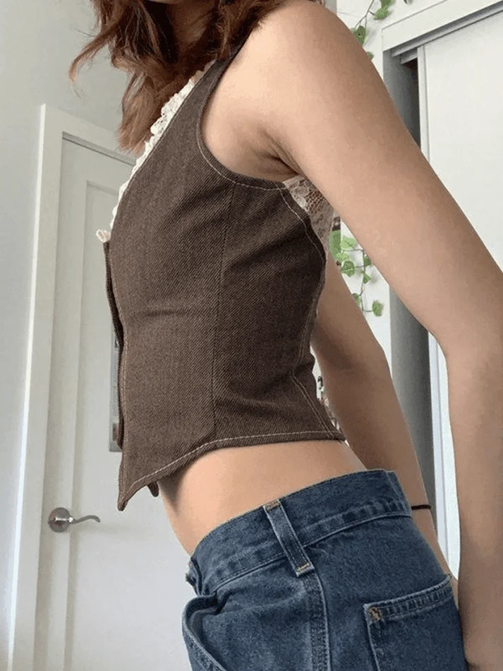 Brownm Patchwork Lace Button Down Corset Top