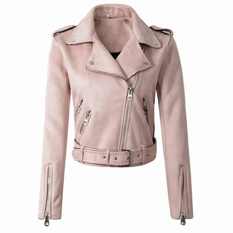FTLZZ Women Faux Suede Jacket Coats Motorcycle Zipper Turndown Collar Faux Soft Leather Overcoat Female Black Punk Short Jacket