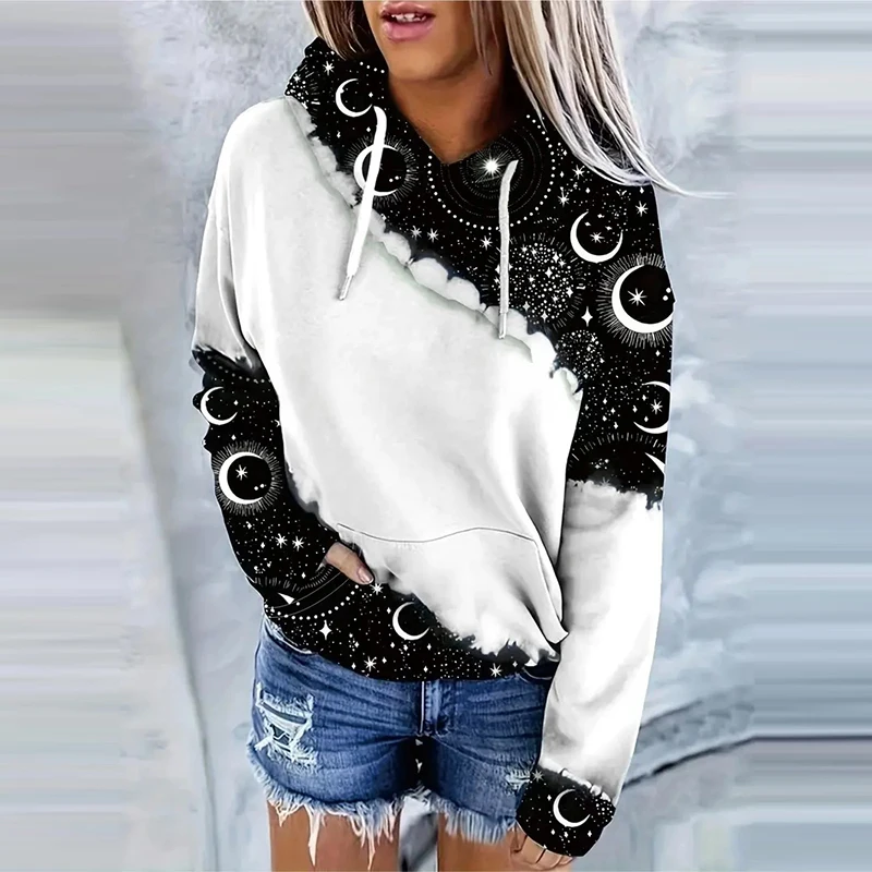Spinkrin first day of school Moon Print Drawstring Hoodie Casual Long Sleeve Hooded Sweatshirt Women's Clothing Hoodies