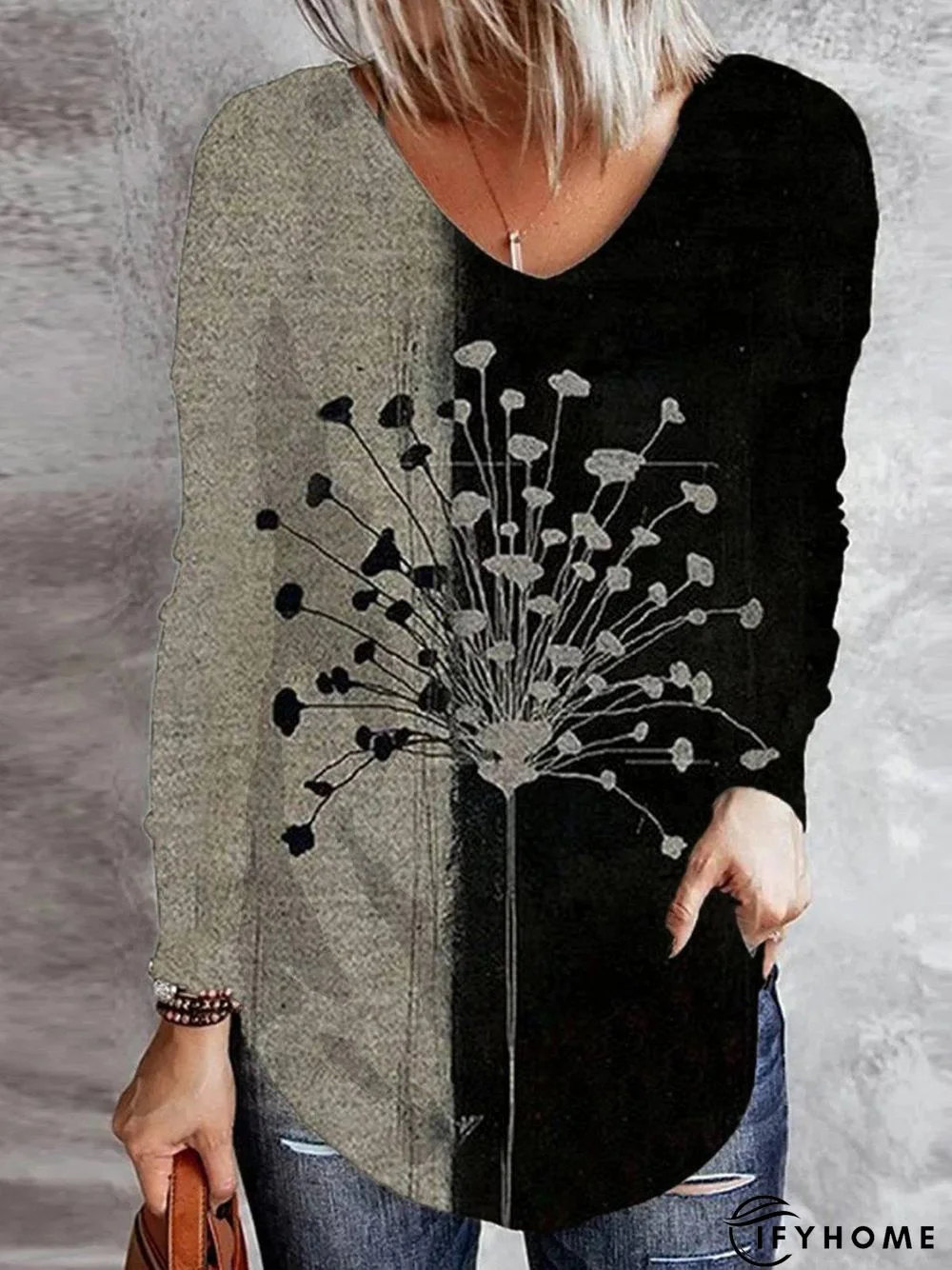 V Neck Long Sleeve Printed Vintage Top | IFYHOME