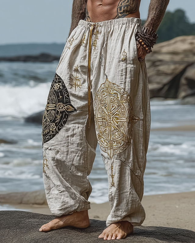 Men's casual Viking mysterious shield three-dimensional embroidery patchwork contrast color linen pants 11e0