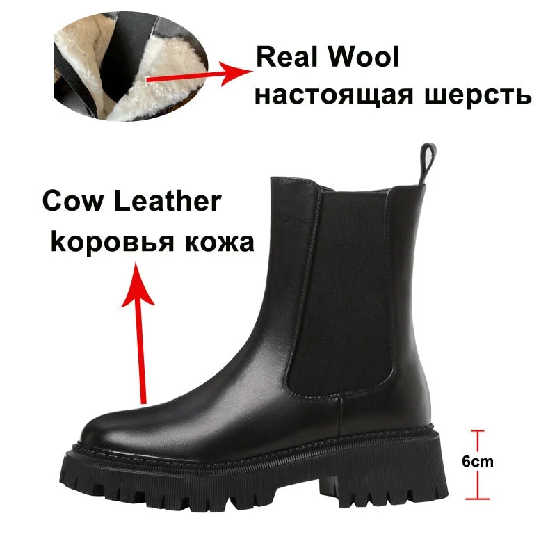 Meotina Genuine Leather Ankle Boots Real Wool Fur Woman Boots Platform High Heel Short Boots Zip Chunky Heel Female Shoes Black