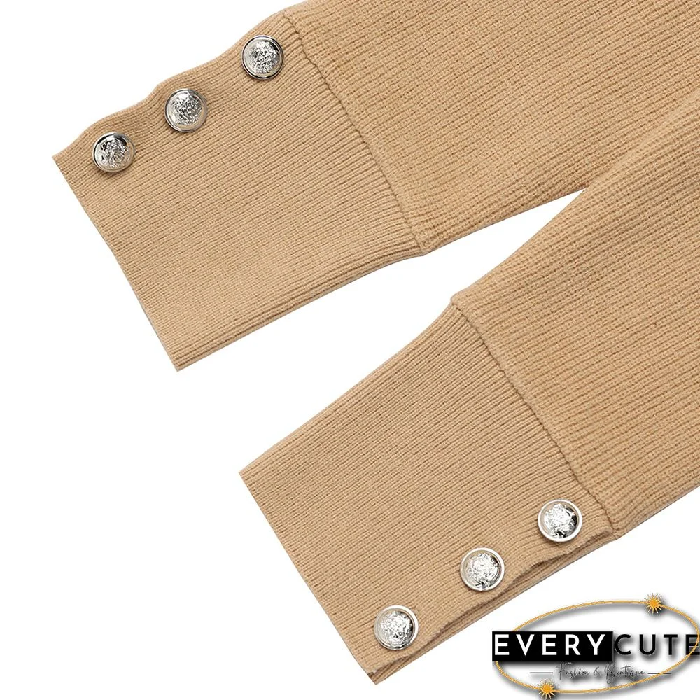 Khaki Button Cuff Knit Pocket Long Cardigan