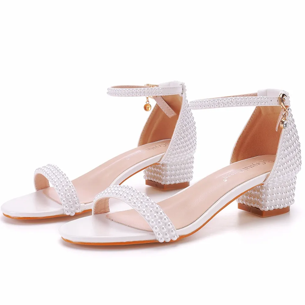 Breakj Breakj Cm Thick Heeled Light Mouth With Sandals Round Head Square Thick Sandals White Pearl Sandals Wedding Shoes