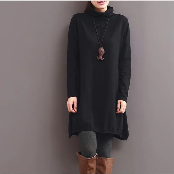 black turtle neck cotton dresses long sleeve spring dress