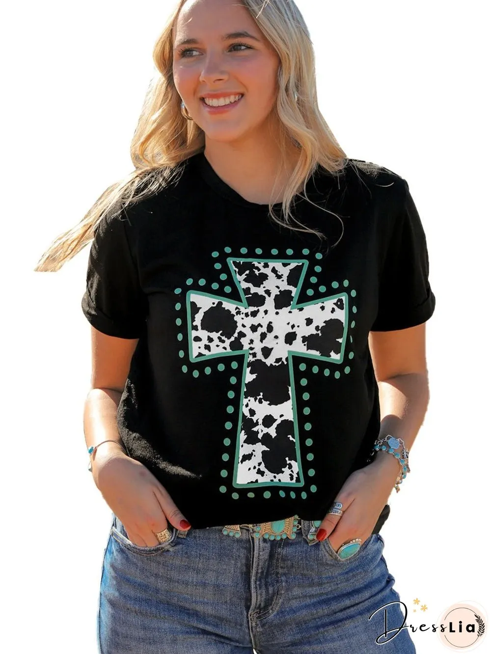 Cow Spots Cross Graphic Tee - Western Vibes