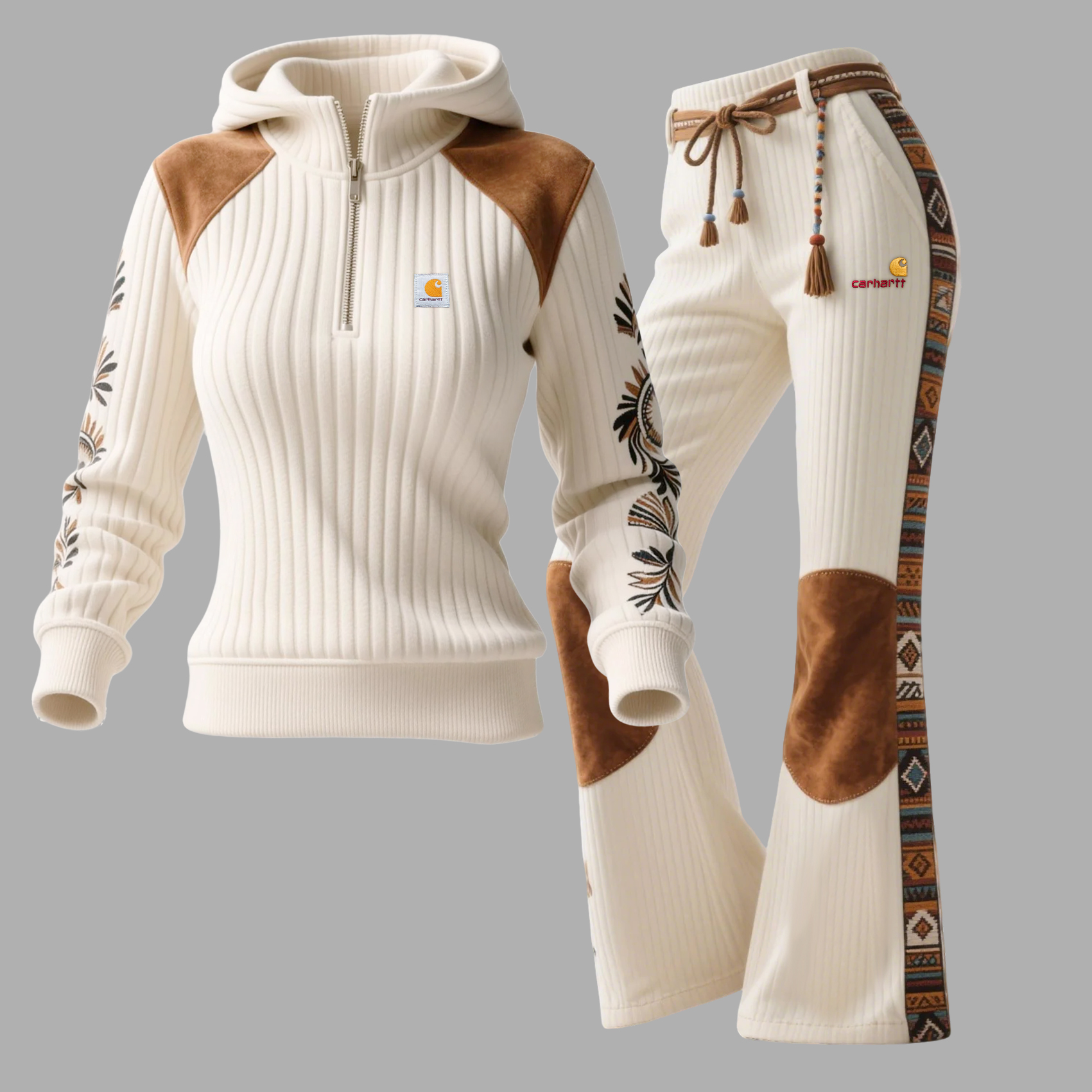 Women's Retro Ethnic Style Half-zip Hooded Sweatshirt And Trousers Set, Made Of Vertical Striped Color-blocked Suede Mat